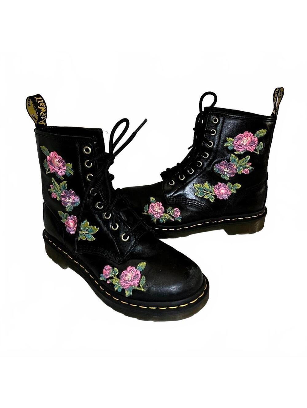 Dr. Martens 1460 Vonda II Floral Embroidered Boots Black Pink Roses Size 7